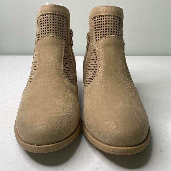 Mia Katrine Perforated Low Stack Heel Vegan Ankle Bootie Strap Buckle Size Zip - Picture 4 of 14